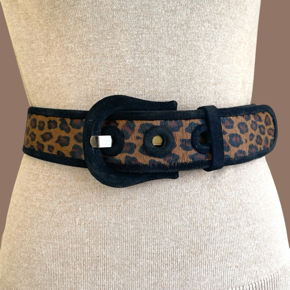 Suzi Roher Wide Waist Oversized Leopard Print Belt Calf Hair Black Suede Size L